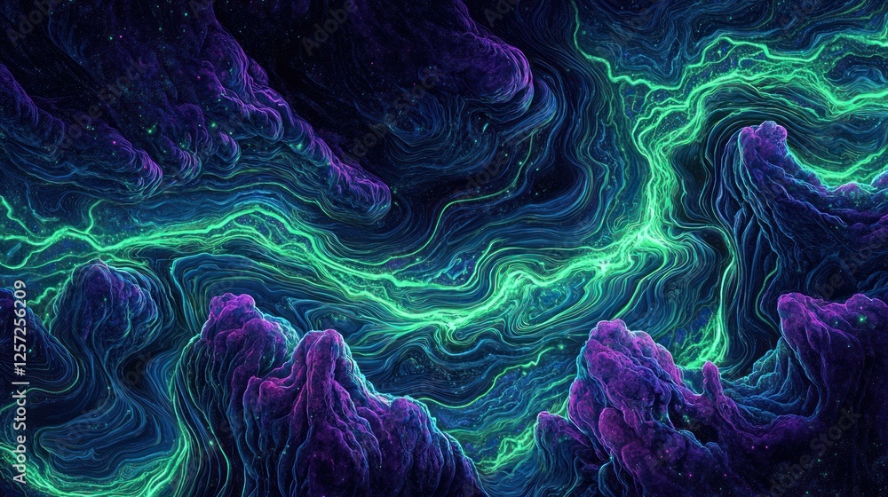 Poster Abstract landscape features flowing textures with vibrant neon colors