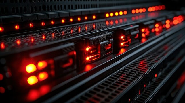 Server rack with red lights, data center, maintenance,  failure