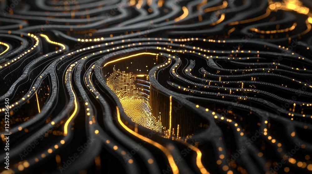 Poster abstract digital landscape with glowing lines and points of light in a dark environment