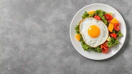Fried Egg on Fresh Salad with Vegetables on White Plate
