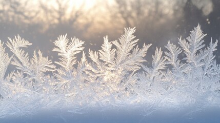 Detailed Macro Photograph of Delicate Ice Crystals and Frost Patterns on Glass