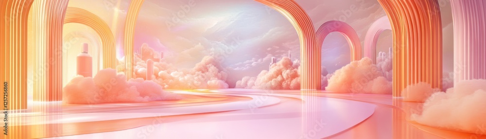 Poster arched gateways frame an ethereal landscape with clouds and sky