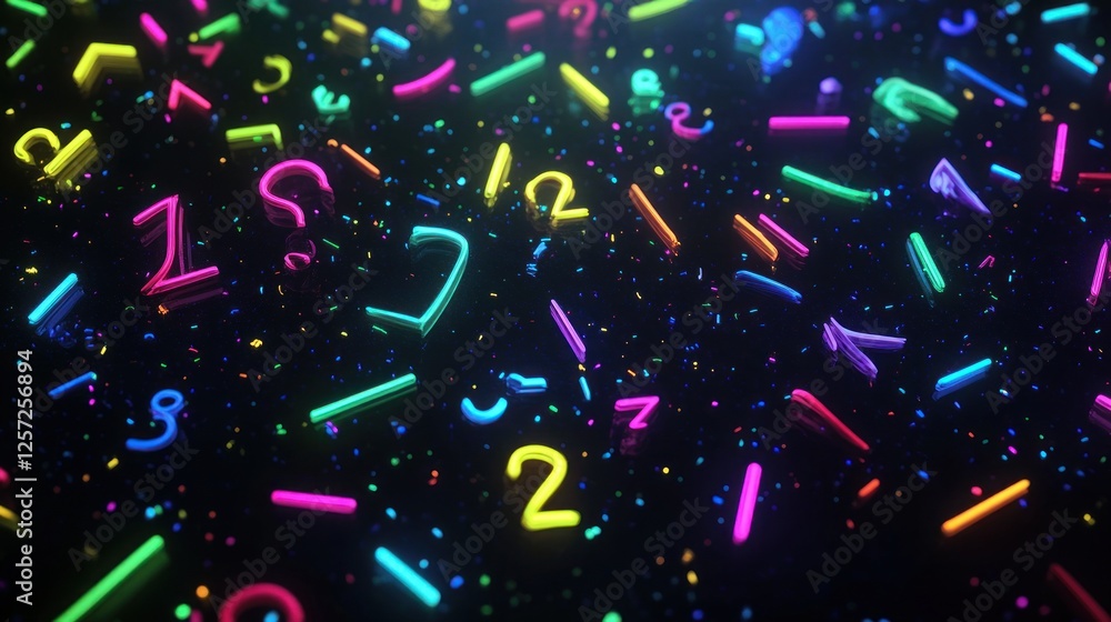 Aufkleber colorful neon numbers and symbols are floating in dark space