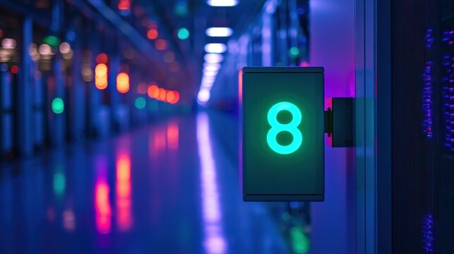 Server room sign number eight glows in colorful data center