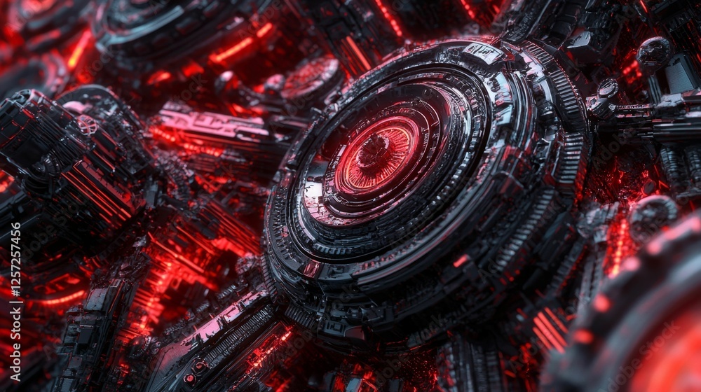 Aufkleber abstract futuristic technology design with glowing elements and intricate details in vivid red and b