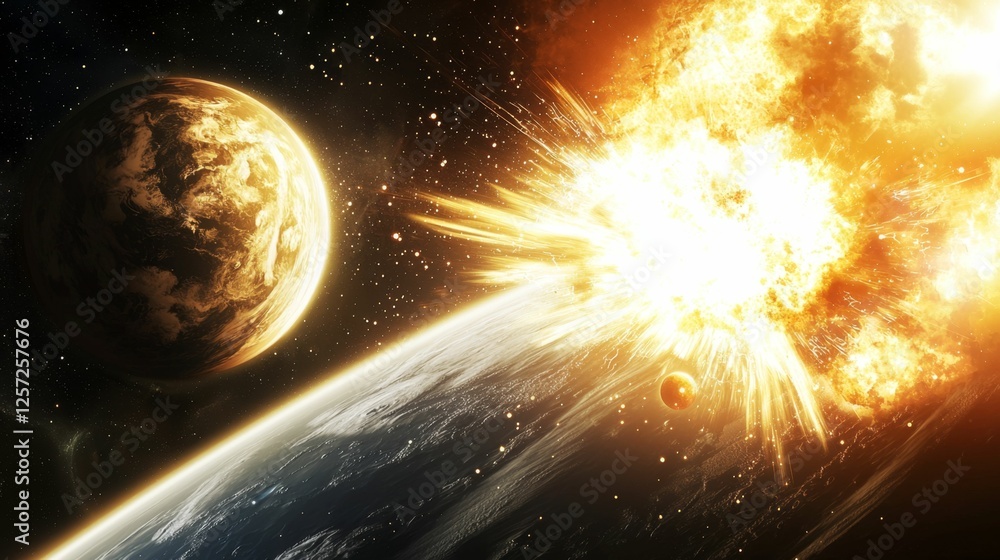 Aufkleber explosive cosmic event in space captured with celestial bodies and stellar clouds interacting in a d