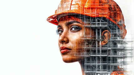 a double exposure image for Engineer's Day. close-up of an engineer's face merged with a building.