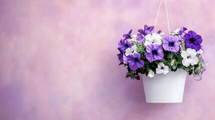 Naklejka premium Hanging Potted Flowers With Purple And White Petunias Against Soft Pastel Pink Background