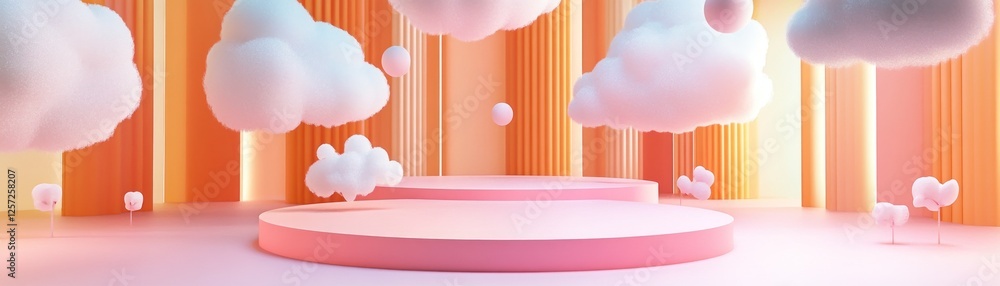 Poster dreamy stage with fluffy clouds and pink background elements