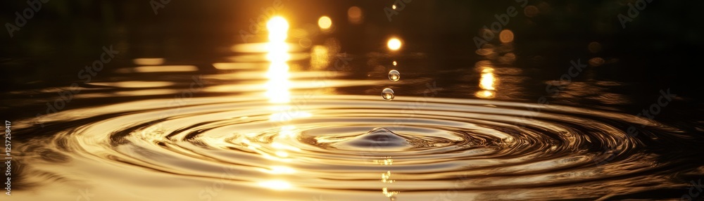 Poster water droplets create concentric ripples on a golden surface