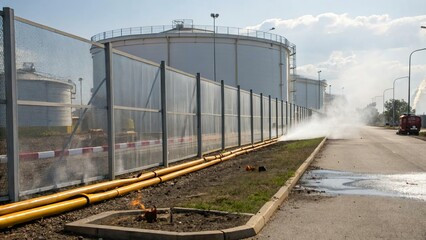 Obraz premium Industrial Storage Tanks with Pipe Layout and Security Fence