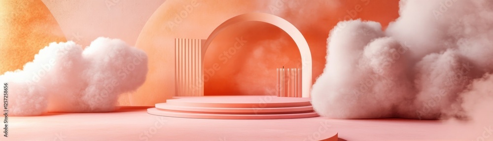 Poster dreamy peach podium scene with clouds and abstract shapes