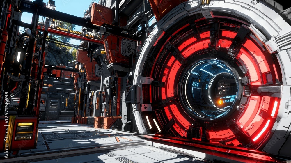 Poster futuristic sci-fi corridor with glowing portal and high-tech environment elements