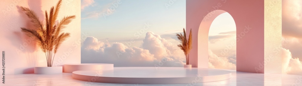Poster Soft aesthetic studio setup with dreamy clouds background view