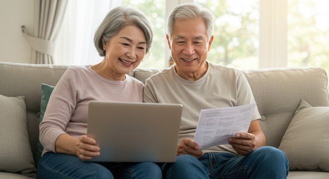 Cheerful elderly grey haired wife and husband sit on couch using computer on-line application banking website check savings feels satisfied, 60s couple examining check utility bills documents concept