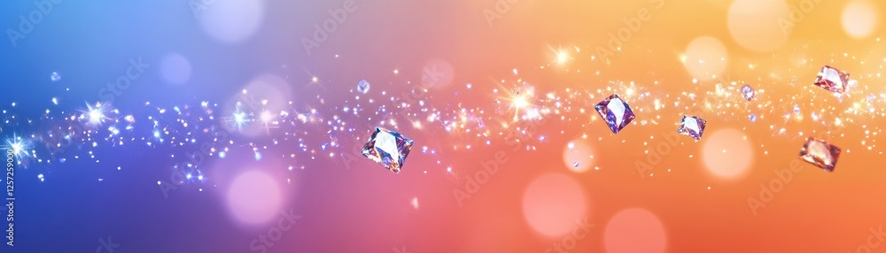 Poster Gems sparkle against a colorful gradient background with bokeh