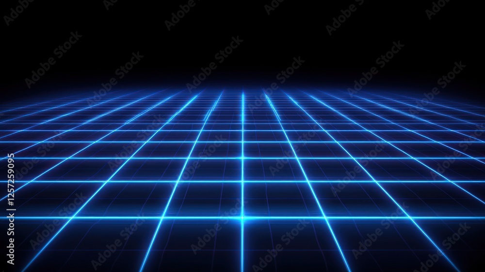 Poster neon blue grid extends into the darkness creating perspective