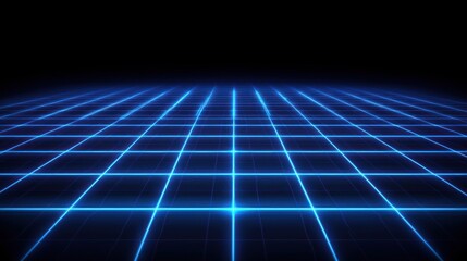 Neon blue grid extends into the darkness creating perspective