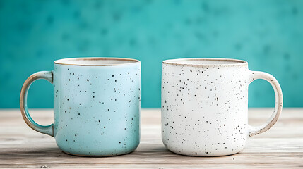 Obraz premium Two mugs, coffee, teal background, wood table, friendship