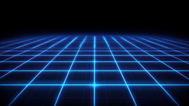 Neon blue grid extends into the darkness creating perspective