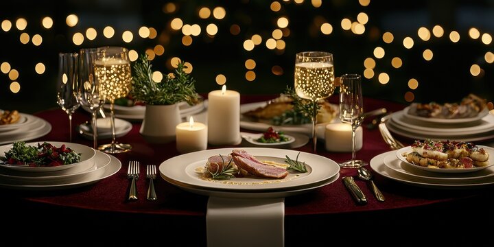 Fine Dining Table Setting with Gourmet Dishes and Floral Centerpiece
