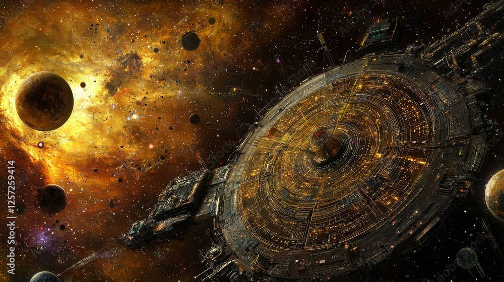 Poster futuristic space station orbiting colorful nebula with planets and stars in deep space background