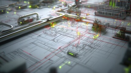 Complex industrial schematic with metallic pipes and glowing elements