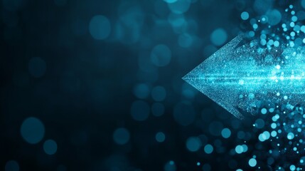 Vibrant electric-blue arrow formed by streaks of light points to the right, enhanced by glowing motion trails on a solid black background for dramatic effect