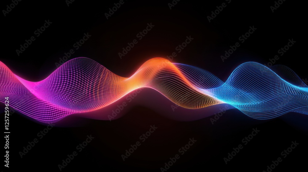 Poster abstract neon colored wave pattern against dark black background
