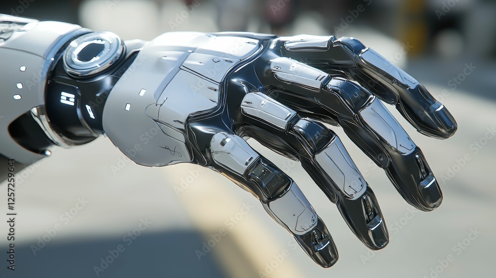 Aufkleber close-up view of a futuristic robotic hand with sleek designs and advanced technology in urban setti