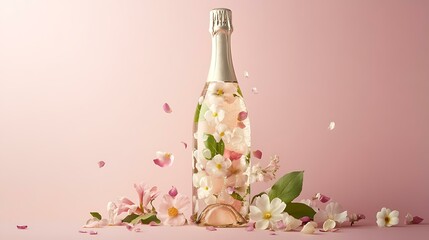 Champagne bottle adorned with flowers and leaves, embodying a minimalist and festive spring theme
