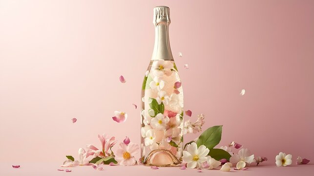 Champagne bottle adorned with flowers and leaves, embodying a minimalist and festive spring theme