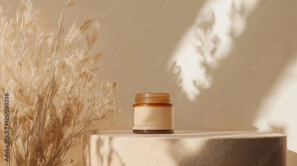 Poster cosmetic jar displayed with reeds and subtle light effects