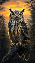Fototapeta premium Great Horned Owl Perched on Branch at Sunset