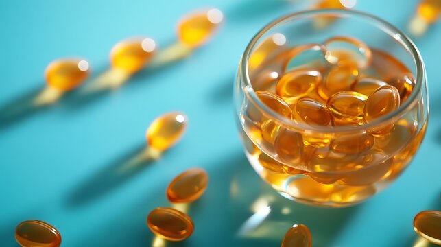 Close-up of pills with a glass of water on a blue background, representing healthcare and wellness concepts