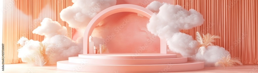 Aufkleber Peach colored backdrop and cloud props showcase presentation platform