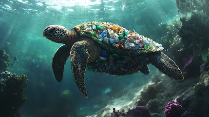Conceptual artwork of a sea turtle filled with plastic waste, addressing environmental pollution and conservation efforts
