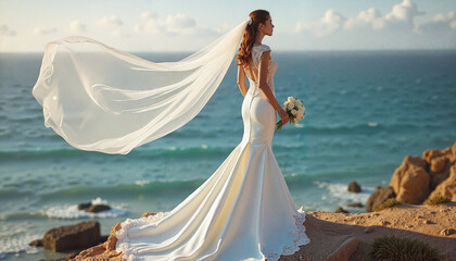 Bride in a Flowing Veil Standing by the Ocean with Windy Waves