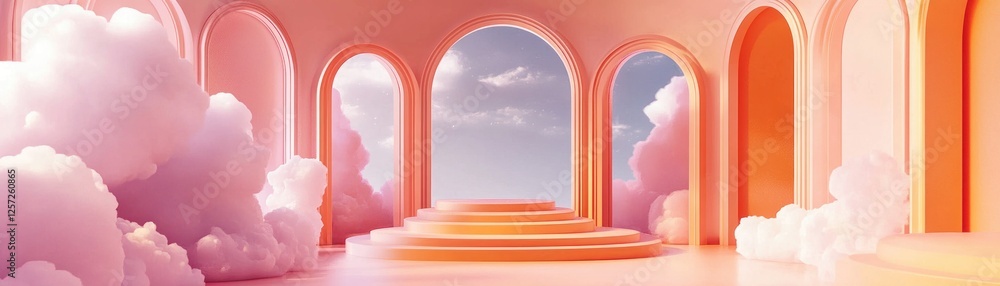 Poster dreamy architecture showcases clouds sky and a central staircase