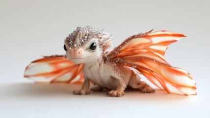Adorable baby dragon with orange wings stands on white surface