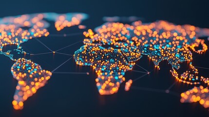 A vibrant map of the world glowing with luminous dots, representing global connectivity and data exchange technology.