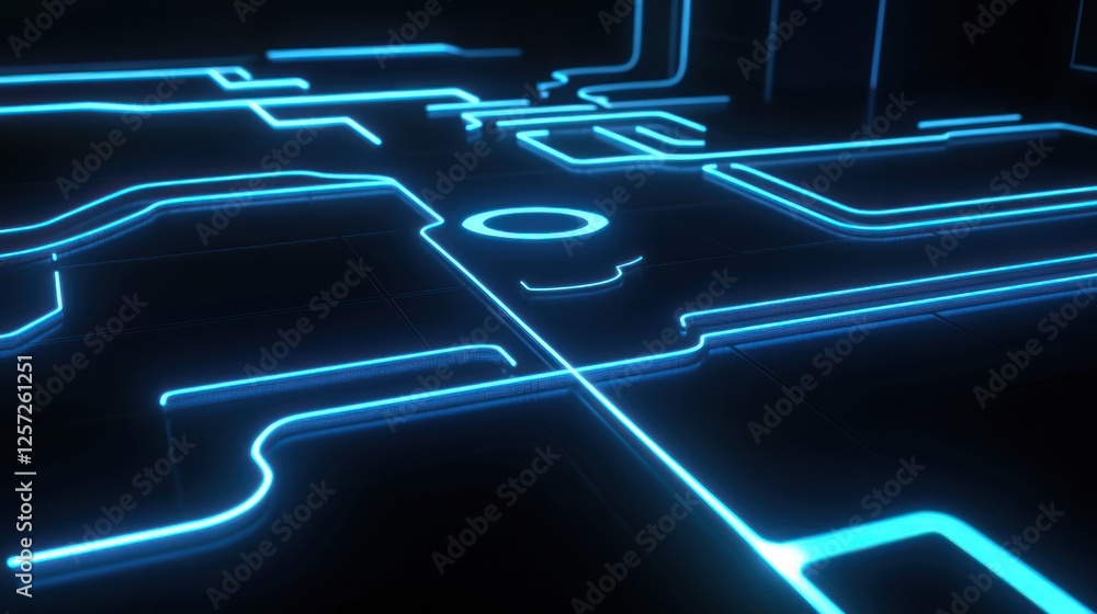 Poster abstract illuminated blue circuit board lines and shapes glow