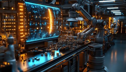 Fototapeta premium Advanced Robotics Lab Arm Analyzing Complex Data Display