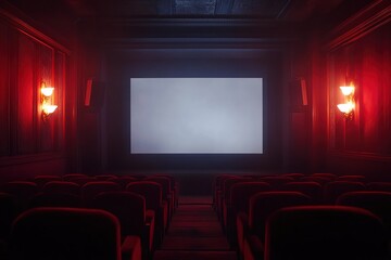 Empty Cinema Theater: Red Seats, Screen, and Dim Lighting Await the Audience