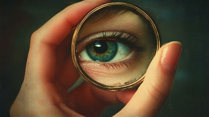 Retro-style image of a female hand holding a small mirror reflecting a girl's eye, emphasizing...