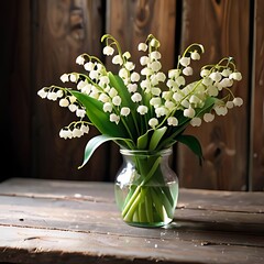 Elegant bouquet of snowdrops valley bouquet in transparent glass vase against dark wood