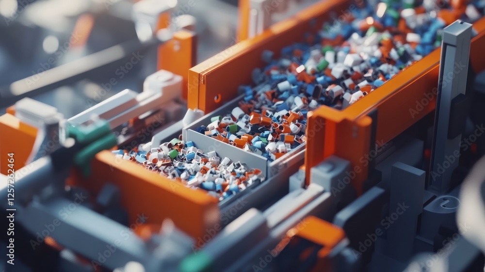 Poster Automated factory line sorts colorful plastic pieces into containers
