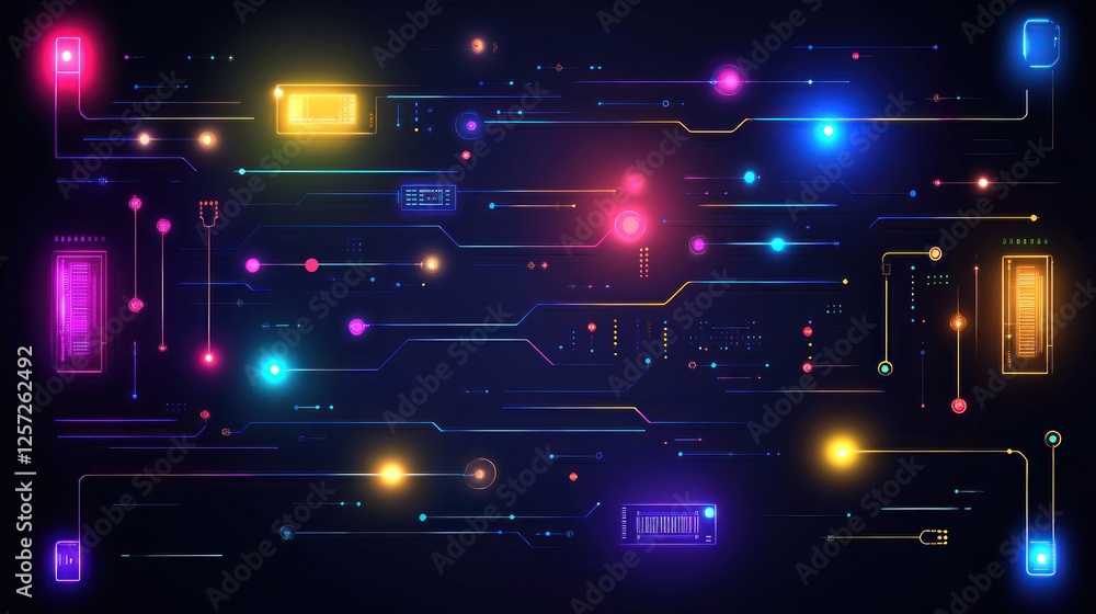 Poster glowing electronic circuit board visualization with vibrant multicolored light trails