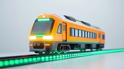 Bright orange electric train model on illuminated track in a minimalist setting.