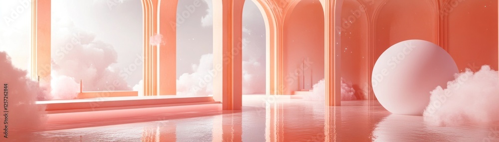 Poster Peach colored architectural corridor with arches clouds and spherical object